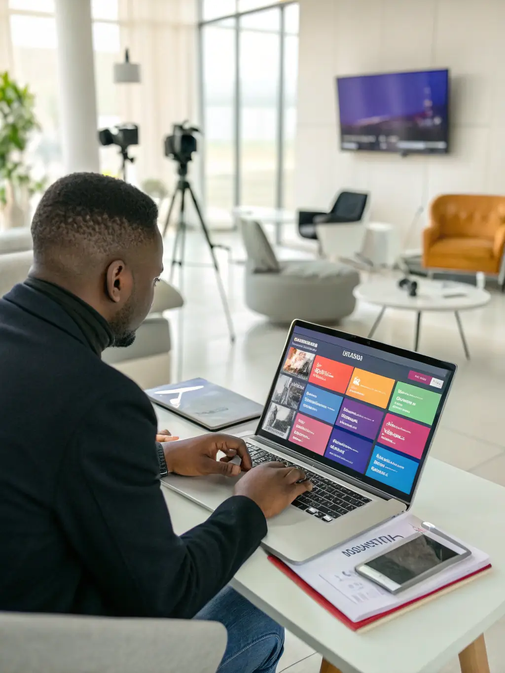 An image depicting a digital marketer analyzing campaign performance on multiple screens with graphs and ad dashboards, showcasing Future Pros Agency's online marketing prowess.