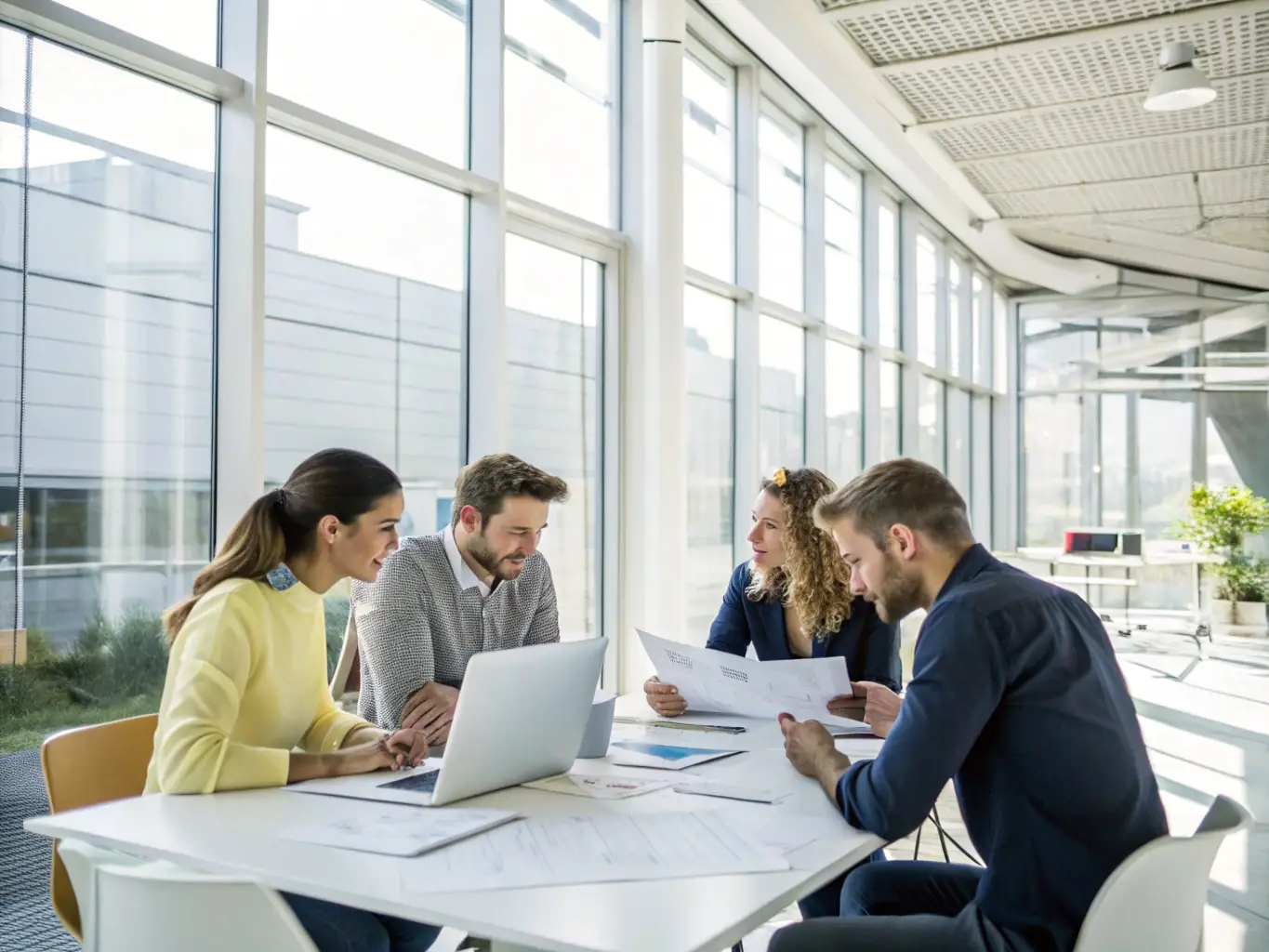 A diverse team of digital marketing specialists collaborating in a modern office, brainstorming innovative strategies for a client's online campaign, showcasing a collaborative and creative environment.