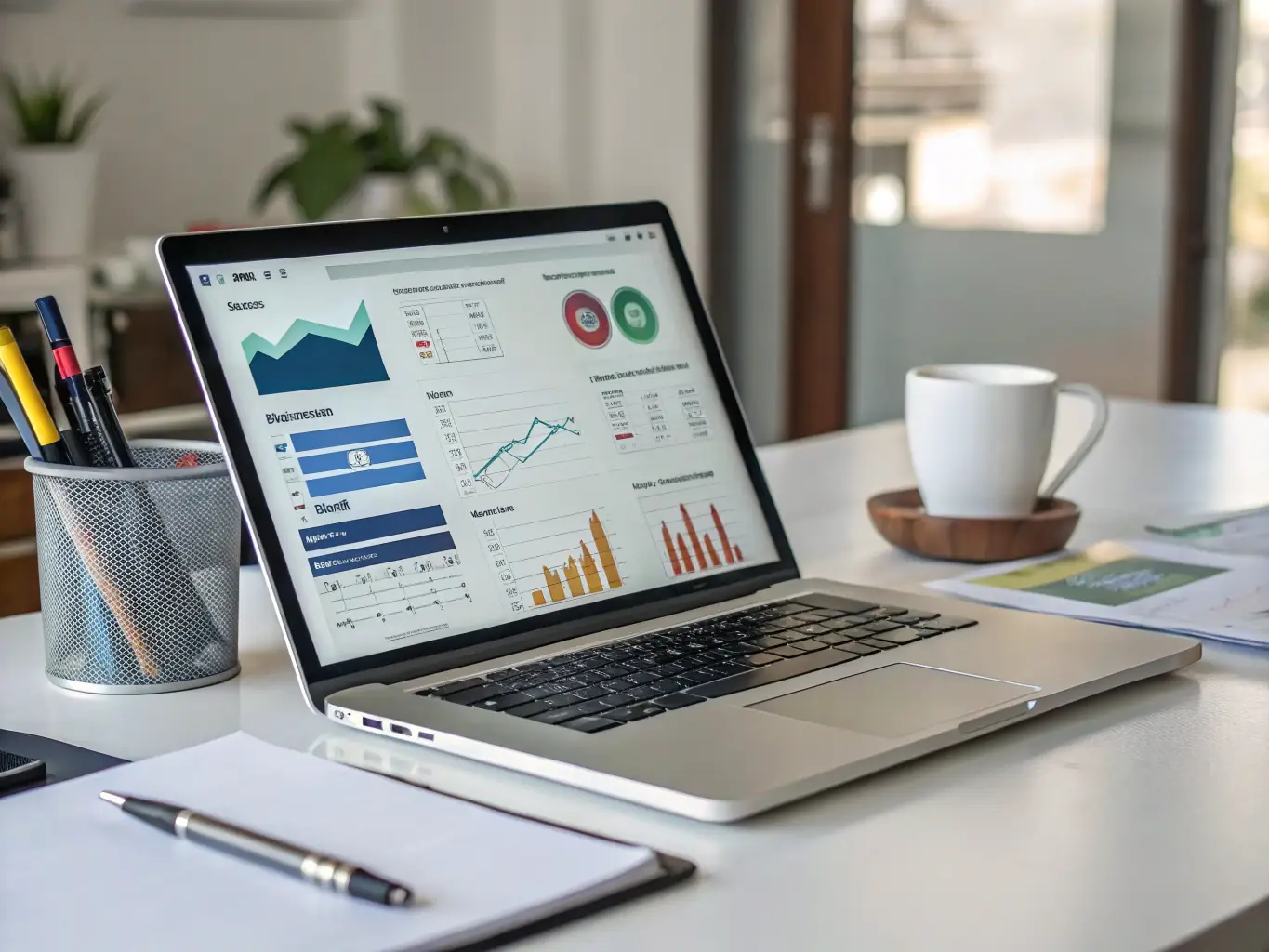 A website's homepage is being optimized for SEO, with visible changes to meta descriptions, title tags, and header tags. The image highlights the importance of on-page optimization for search engine rankings.