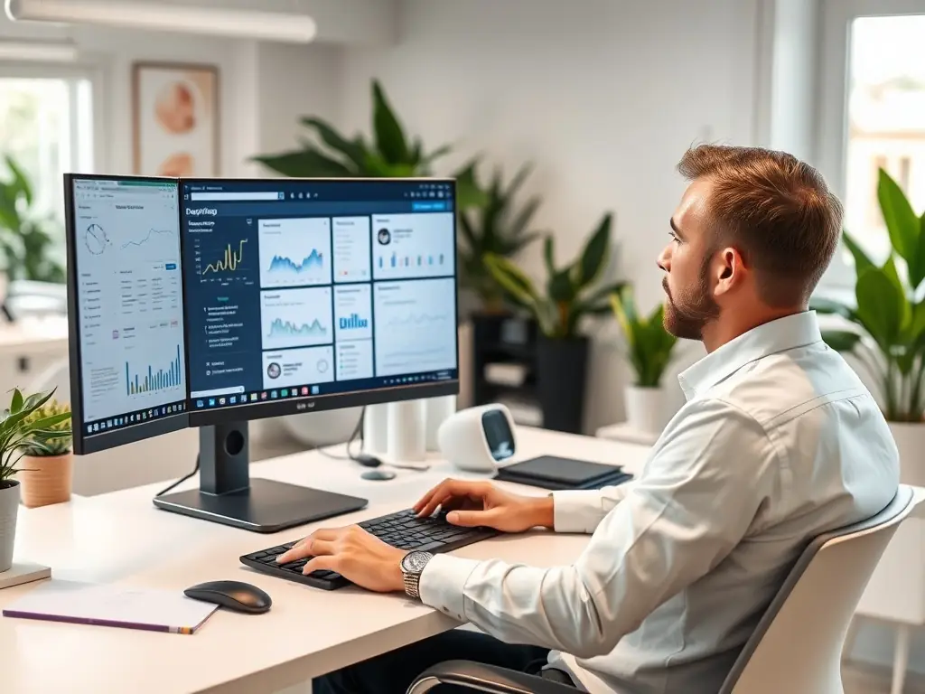 A professional SEO specialist is conducting keyword research on a laptop, surrounded by data charts and graphs, in a modern office setting. The scene emphasizes the importance of data-driven strategies in SEO.
